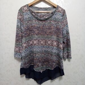 French Laundry Multicolor Boho Lattice Neck Layered Tunic, Size Large